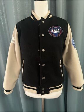 NBA Varsity Jacket Youth 14-16 Black Cream Snap Front Quilted Embroidered